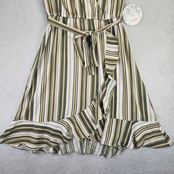 Naif Wrap Mini Dress Womens Medium V Neck Tie Waist Flounce Hem Stripped New - Picture 3 of 10